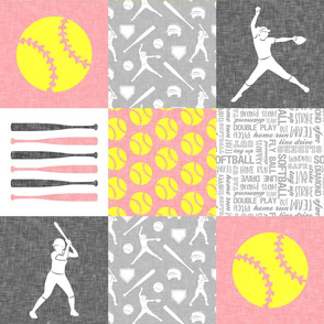 Softball patchwork - fastpitch  wholecloth - sports - pink and yellow - LAD20
