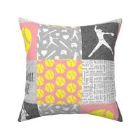 Softball is life - Softball wholecloth - patchwork sports - pink and yellow - LAD20