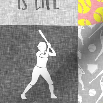 Softball is life - Softball wholecloth - patchwork sports - pink and yellow - LAD20