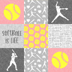 Softball is life - Softball wholecloth - patchwork sports - pink and yellow - LAD20