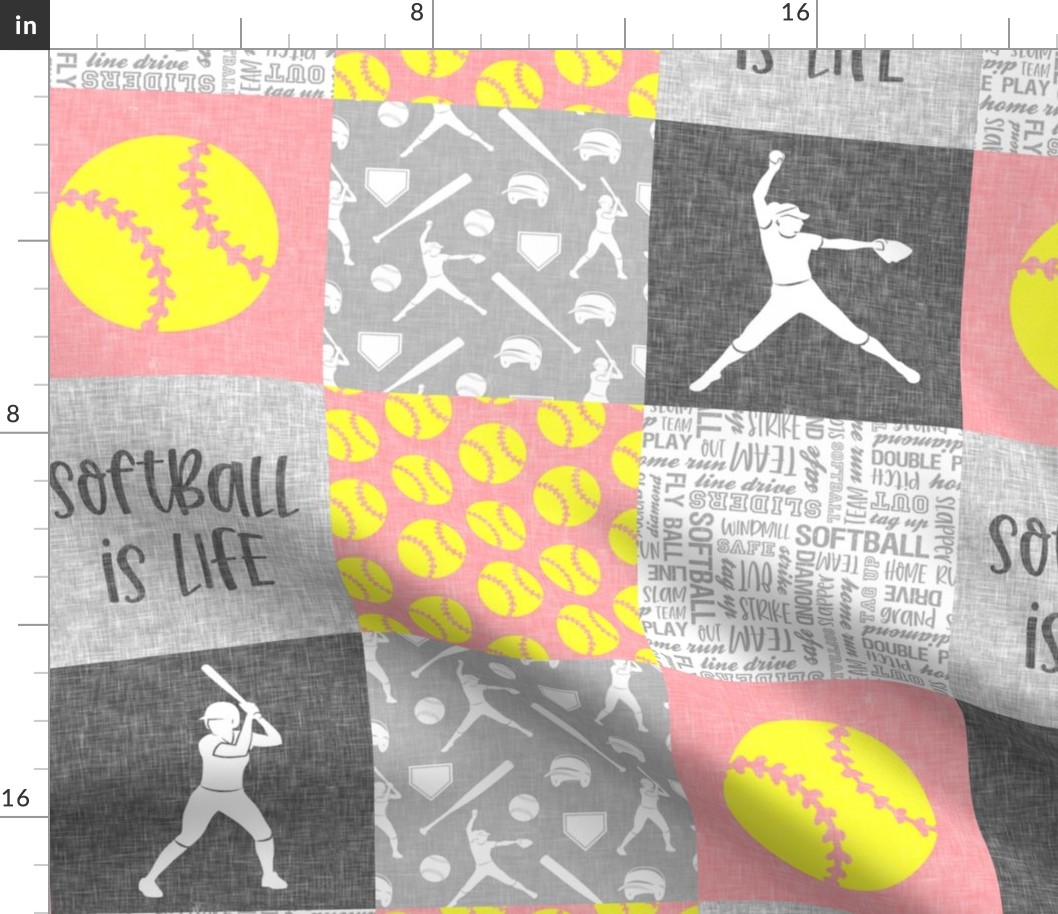 Softball is life - Softball wholecloth - patchwork sports - pink and yellow - LAD20