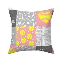 Eat Sleep Softball - softball patchwork - heart softball - fast pitch wholecloth - pink and yellow  - LAD20