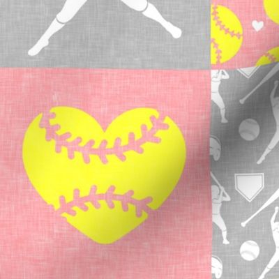 Eat Sleep Softball - softball patchwork - heart softball - fast pitch wholecloth - pink and yellow  - LAD20