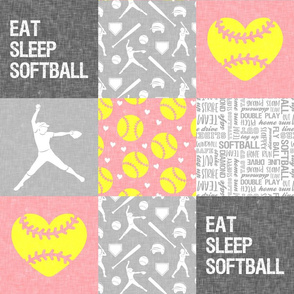 Eat Sleep Softball - softball patchwork - heart softball - fast pitch wholecloth - pink and yellow  - LAD20