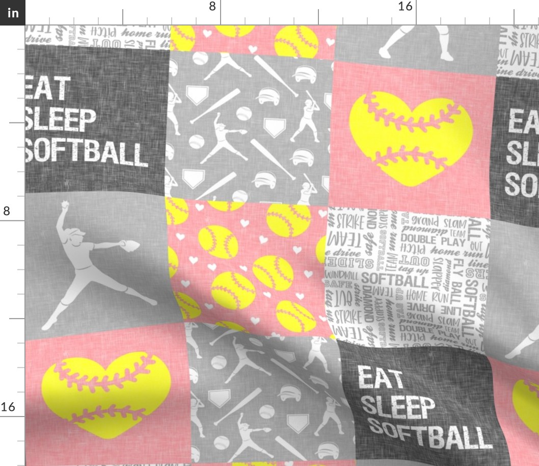 Eat Sleep Softball - softball patchwork - heart softball - fast pitch wholecloth - pink and yellow  - LAD20