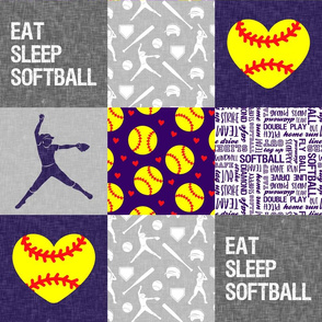 Eat Sleep Softball - softball patchwork - heart softball - fast pitch wholecloth - purple and yellow - LAD20