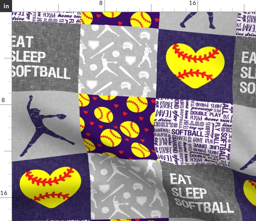 Eat Sleep Softball - softball patchwork - heart softball - fast pitch wholecloth - purple and yellow - LAD20
