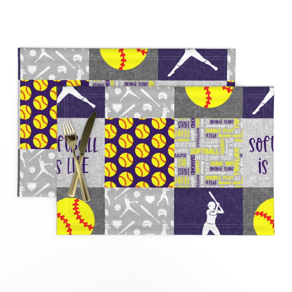 Softball is life - Softball wholecloth - patchwork sports - purple and yellow - LAD20