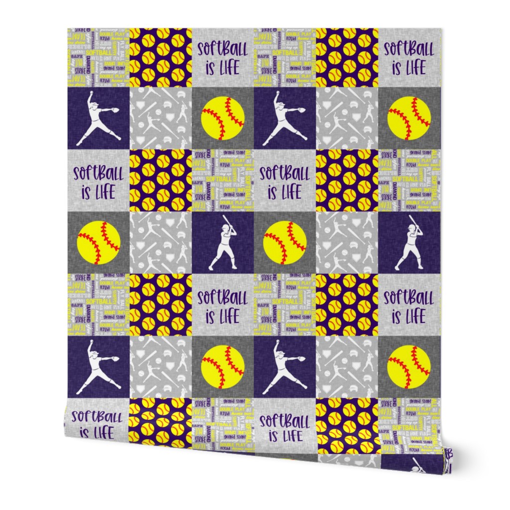 Softball is life - Softball wholecloth - patchwork sports - purple and yellow - LAD20