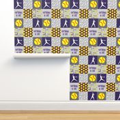 Softball is life - Softball wholecloth - patchwork sports - purple and yellow - LAD20