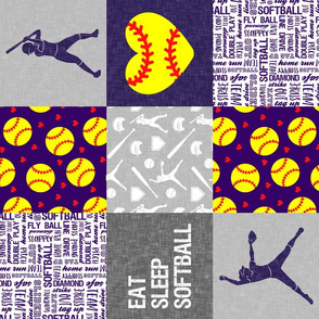 Eat Sleep Softball - softball patchwork - heart softball - fast pitch wholecloth - purple and yellow (90) - LAD20