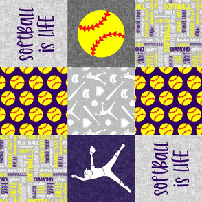 Softball is life - Softball wholecloth - patchwork sports - purple and yellow (90) - LAD20
