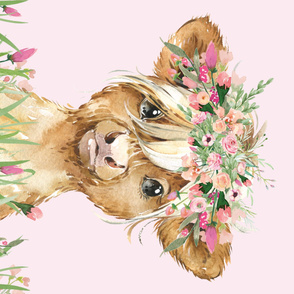 54x36" baby highland cow with grass and flowers with a floral wreath 