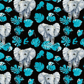 tropical watercolor elephant blue palms and monstera leaves on black background