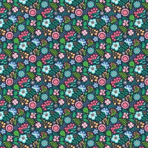 Bohemian Botanical Flowers Floral on Navy Very Tiny Small