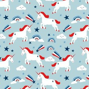 Patriotic Unicorn fabric - july 4th fabric, usa - light blue