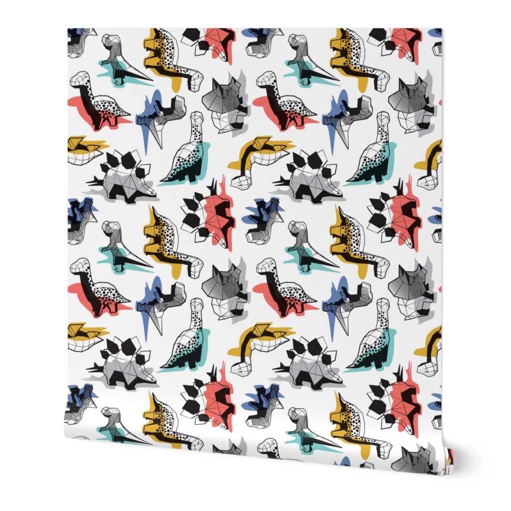 Small scale // Geometric Dinos // non directional design white background multicoloured dinosaurs shadows