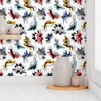 Small scale // Geometric Dinos // non directional design white background multicoloured dinosaurs shadows