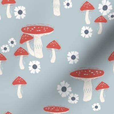folk mushroom fabric - fairy tale fabric, woodland forest fabric - soft blue