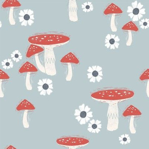 folk mushroom fabric - fairy tale fabric, woodland forest fabric - soft blue