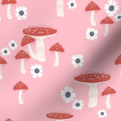 folk mushroom fabric - fairy tale fabric, woodland forest fabric - light pink