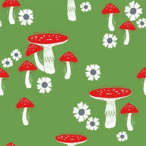 folk mushroom fabric - fairy tale fabric, woodland forest fabric - green