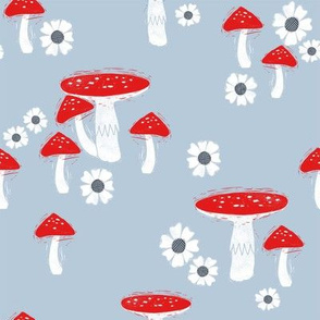 folk mushroom fabric - fairy tale fabric, woodland forest fabric - light b lue