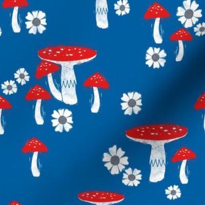 folk mushroom fabric - fairy tale fabric, woodland forest fabric - bright blue