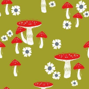 folk mushroom fabric - fairy tale fabric, woodland forest fabric - lime