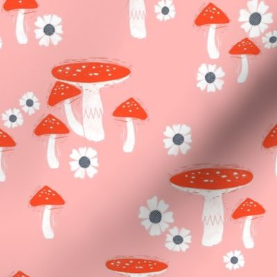 folk mushroom fabric - fairy tale fabric, woodland forest fabric - pink