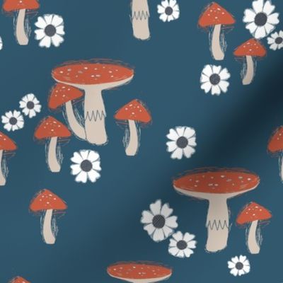folk mushroom fabric - fairy tale fabric, woodland forest fabric - blue