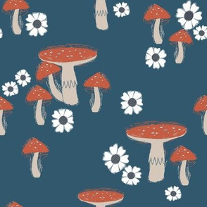 folk mushroom fabric - fairy tale fabric, woodland forest fabric - blue
