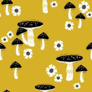 folk mushroom fabric - fairy tale fabric, woodland forest fabric - yellow