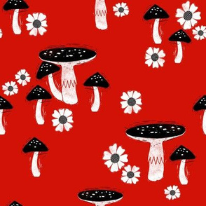 folk mushroom fabric - fairy tale fabric, woodland forest fabric - red