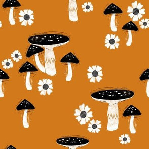 folk mushroom fabric - fairy tale fabric, woodland forest fabric - rust