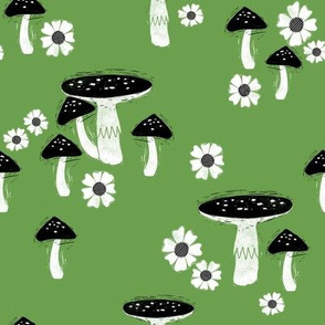 folk mushroom fabric - fairy tale fabric, woodland forest fabric - green
