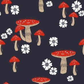 folk mushroom fabric - fairy tale fabric, woodland forest fabric - dark blue