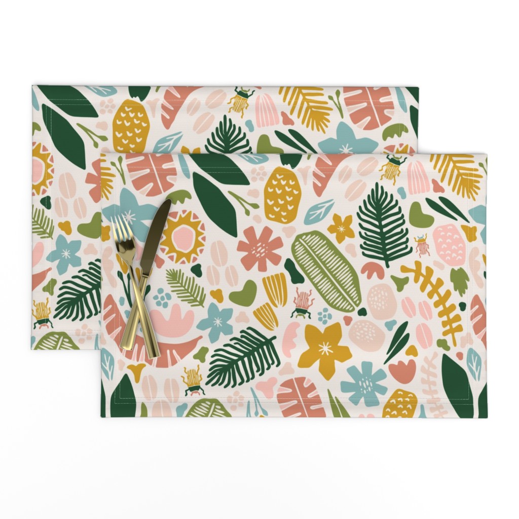 Tropical Adventure Woodcut // Colorful Geometric Florals, Botanicals, and Bugs // Pineapple, Palm Tree, Banana Leaf, Coffee Beans, Beetles, Fronds, Garden, Escape, Citrus, Fruit