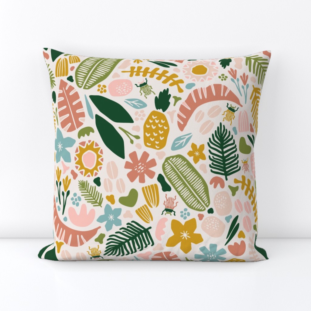 Tropical Adventure Woodcut // Colorful Geometric Florals, Botanicals, and Bugs // Pineapple, Palm Tree, Banana Leaf, Coffee Beans, Beetles, Fronds, Garden, Escape, Citrus, Fruit