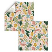 Tropical Adventure Woodcut // Colorful Geometric Florals, Botanicals, and Bugs // Pineapple, Palm Tree, Banana Leaf, Coffee Beans, Beetles, Fronds, Garden, Escape, Citrus, Fruit