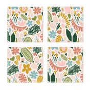 Tropical Adventure Woodcut // Colorful Geometric Florals, Botanicals, and Bugs // Pineapple, Palm Tree, Banana Leaf, Coffee Beans, Beetles, Fronds, Garden, Escape, Citrus, Fruit