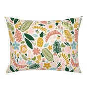 Tropical Adventure Woodcut // Colorful Geometric Florals, Botanicals, and Bugs // Pineapple, Palm Tree, Banana Leaf, Coffee Beans, Beetles, Fronds, Garden, Escape, Citrus, Fruit