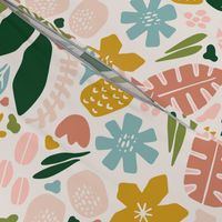 Tropical Adventure Woodcut // Colorful Geometric Florals, Botanicals, and Bugs // Pineapple, Palm Tree, Banana Leaf, Coffee Beans, Beetles, Fronds, Garden, Escape, Citrus, Fruit