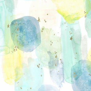 watercolor  stars abstract - blue_ mint_ yellow