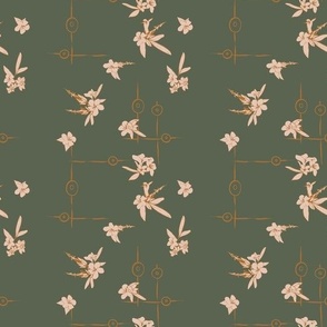 Landscape Wing, flowers and lines in Deep green, yellow and beige