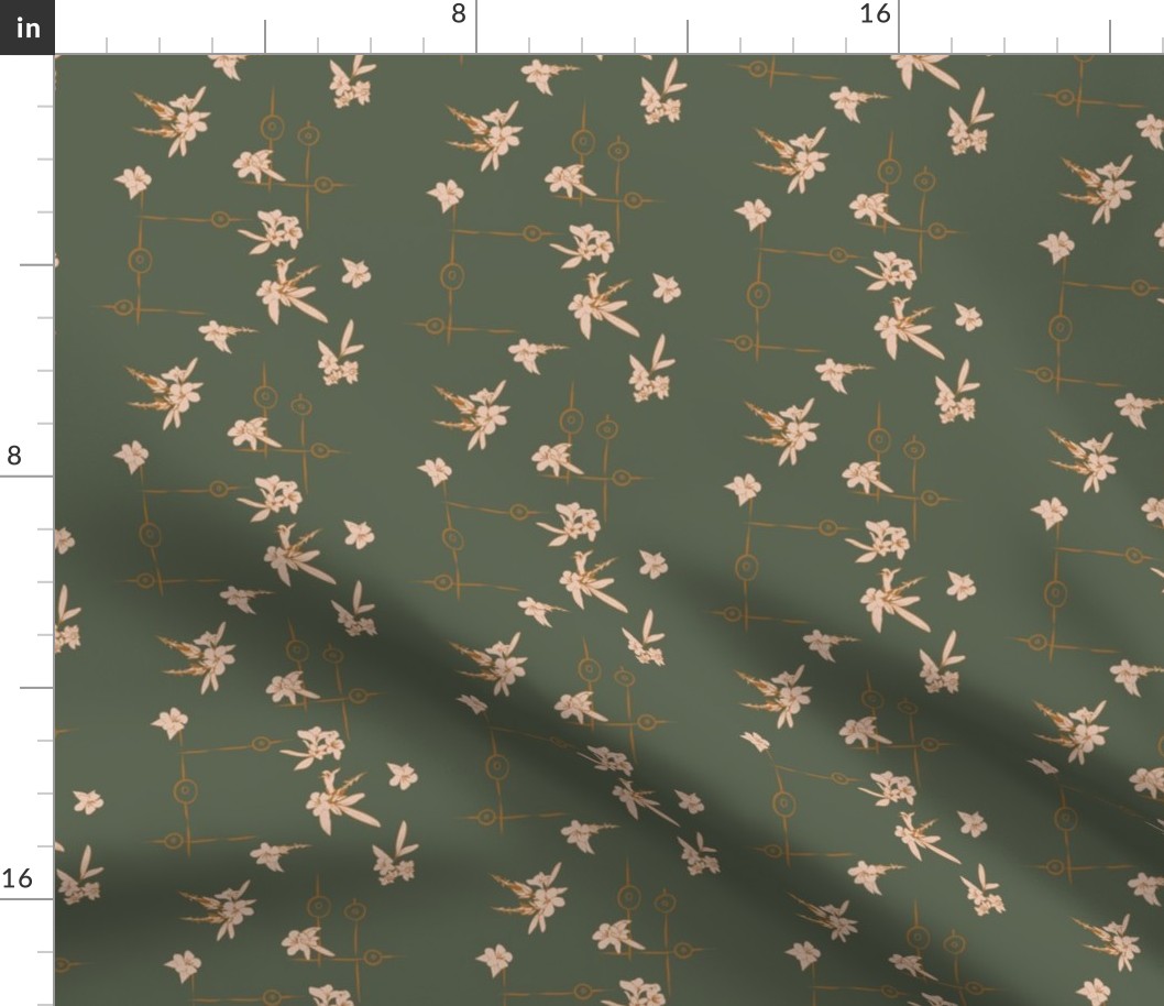 Landscape Wing, flowers and lines in Deep green, yellow and beige