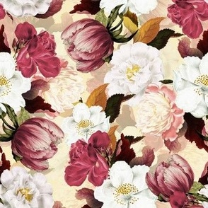 7" Lush  antique hand drawn watercolor roses and peony pattern made of floral vintage elements with double layer cream