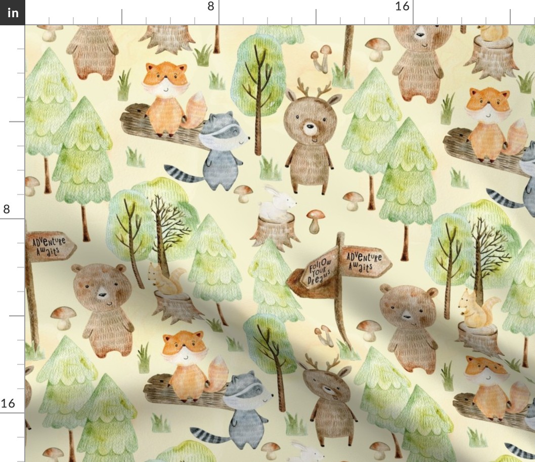 12" Woodland Watercolor Animals - Baby Animal in green Forest 