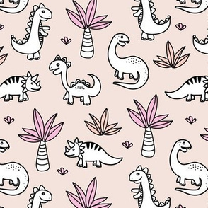 Little kawaii dino land summer palm trees and dinosaurs dragons kids baby girls pale peach apricot pink