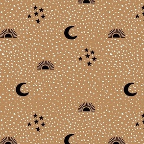 Boho universe sun moon and stars lunar magic summer spots Scandinavian style nursery neutral cinnamon brown black